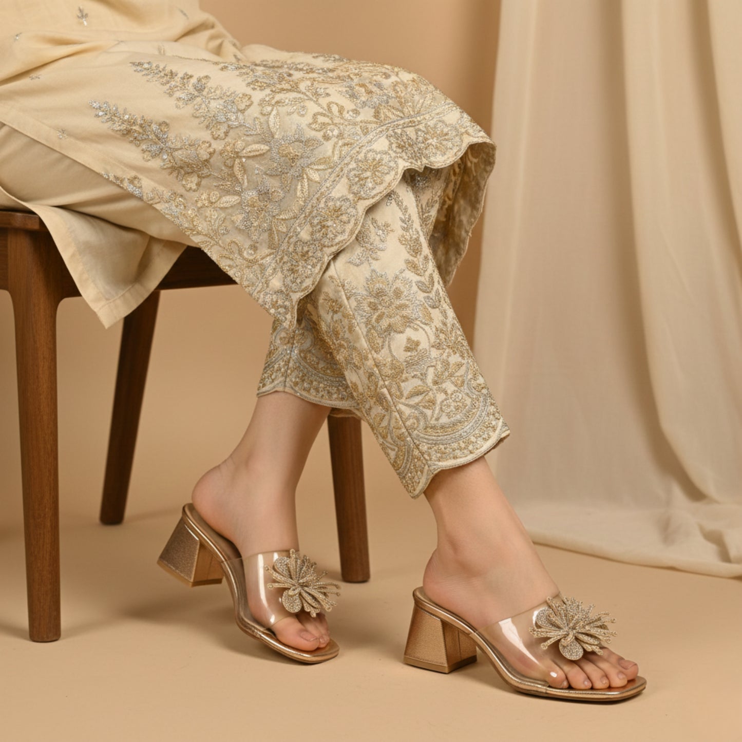 Women’s Gold Clear Strap Embellished Block Heel Slide Sandals