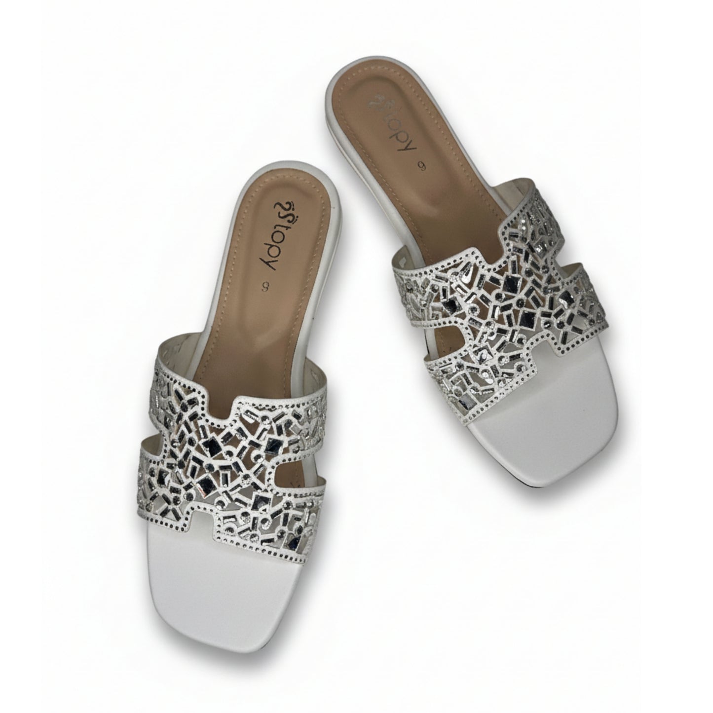 Women’s Silver Embellished Flat Slide Sandals