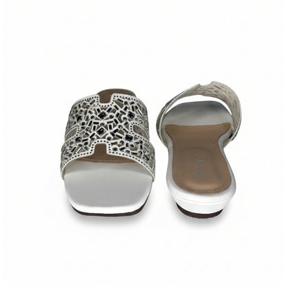 Women’s Silver Embellished Flat Slide Sandals