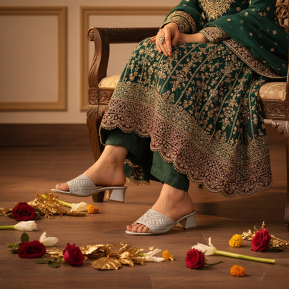 Women’s Silver Embroidered Block Heel Slide Sandals