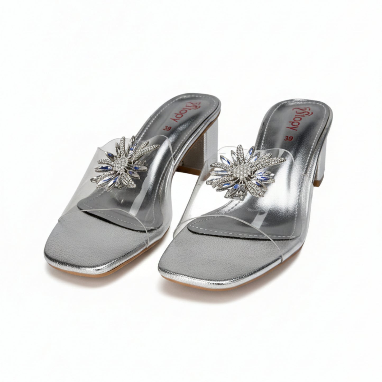 Women’s Silver Embellished Block Heel Mule Sandals