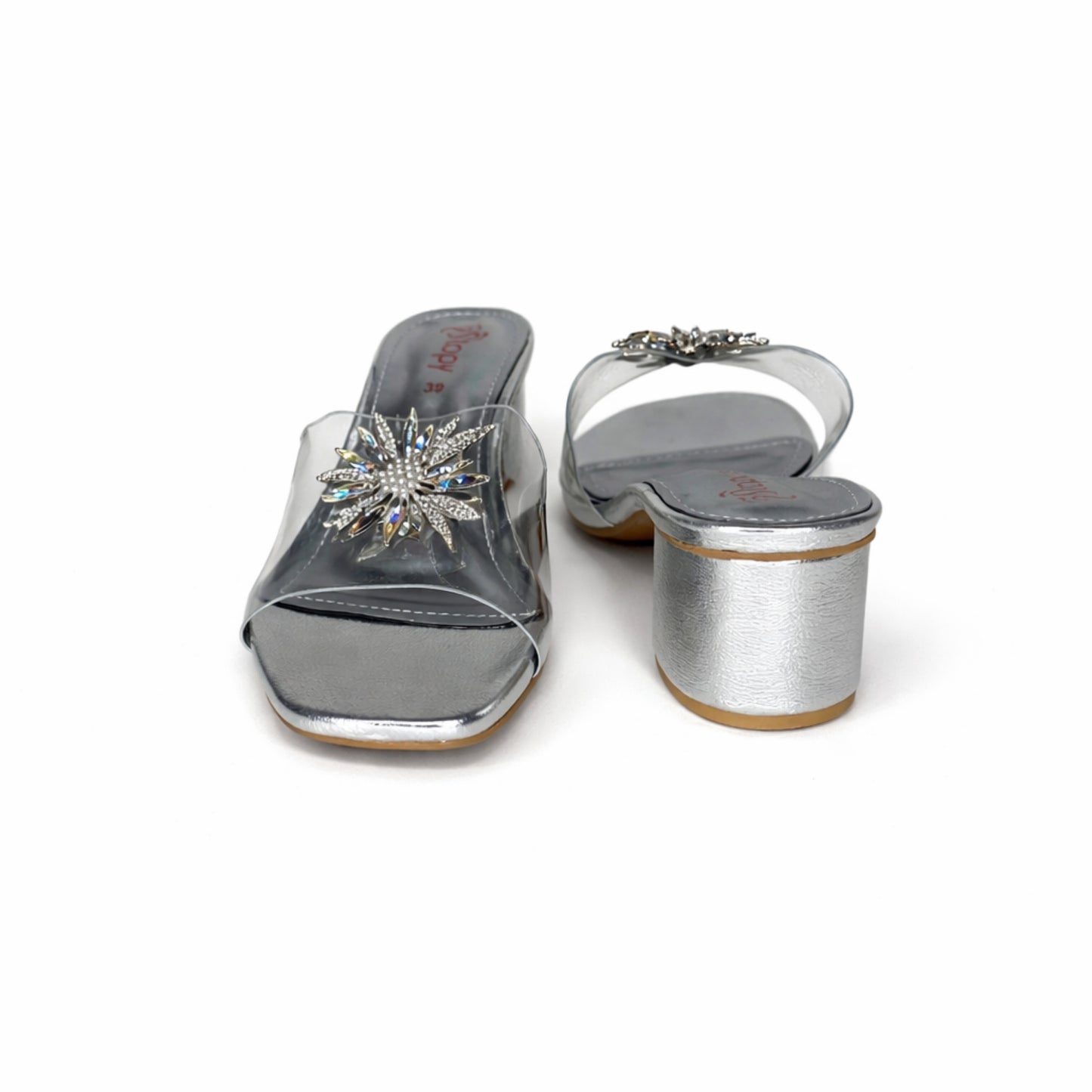 Women’s Silver Embellished Block Heel Mule Sandals