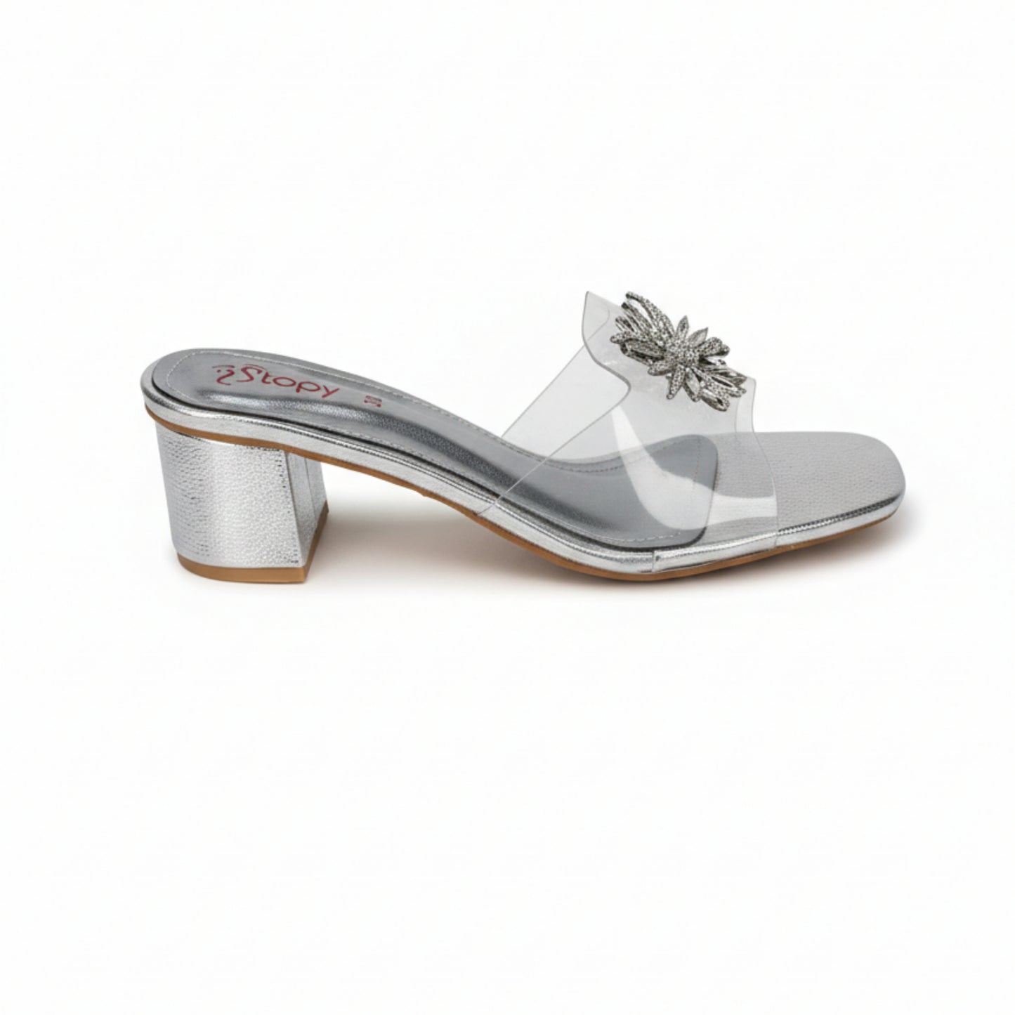 Women’s Silver Embellished Block Heel Mule Sandals