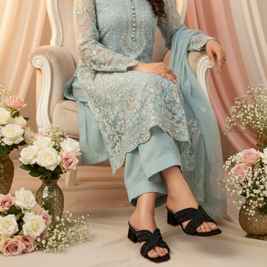 Women’s Black Embellished Block Heel Slide Sandals