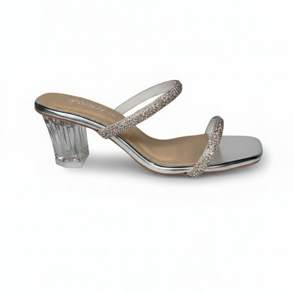 Women’s Silver Embellished Block Heel Slide Sandals