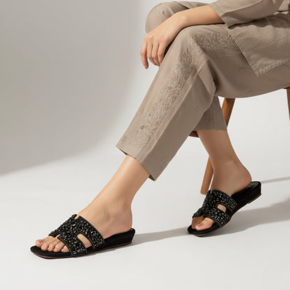 Women’s Black Embellished Flat Slide Sandals