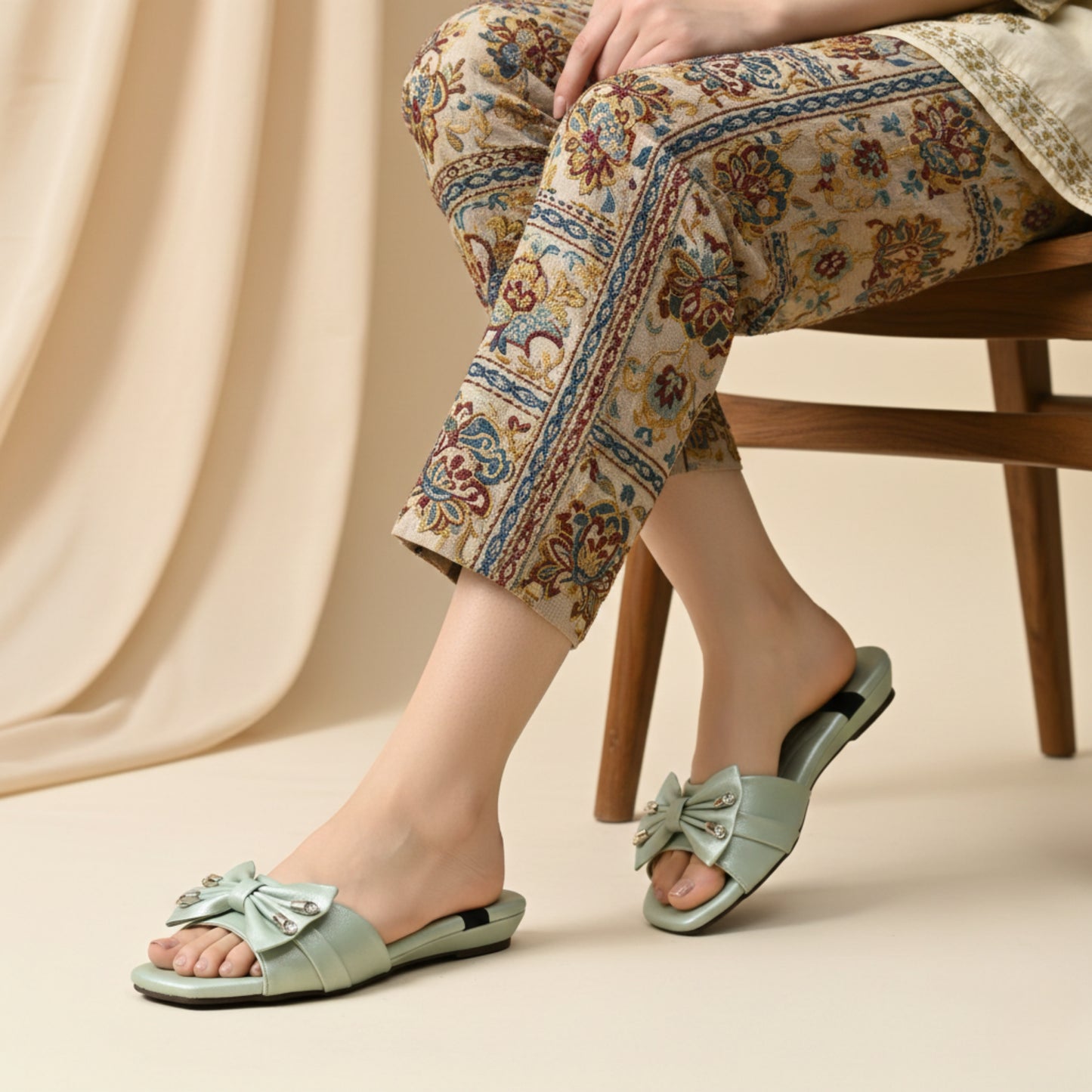 Women’s Sage Green Bow Detail Flat Slide Sandals