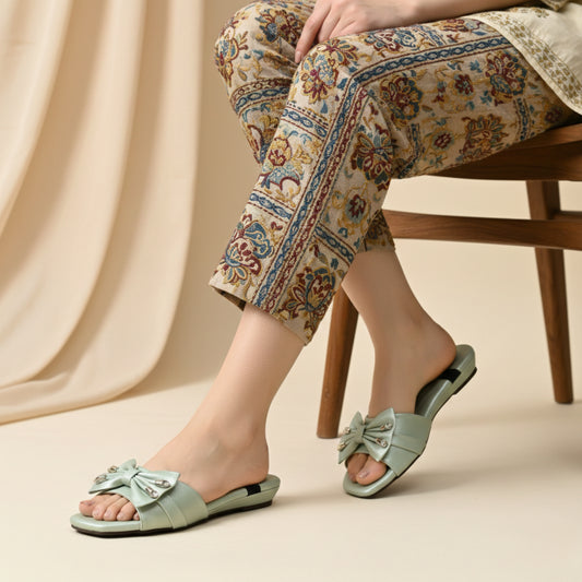 Women’s Sage Green Bow Detail Flat Slide Sandals