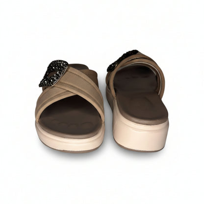 Women’s Taupe Buckle Detail Flat Slide Sandals