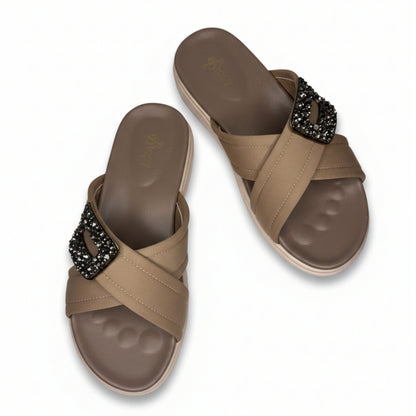 Women’s Taupe Buckle Detail Flat Slide Sandals