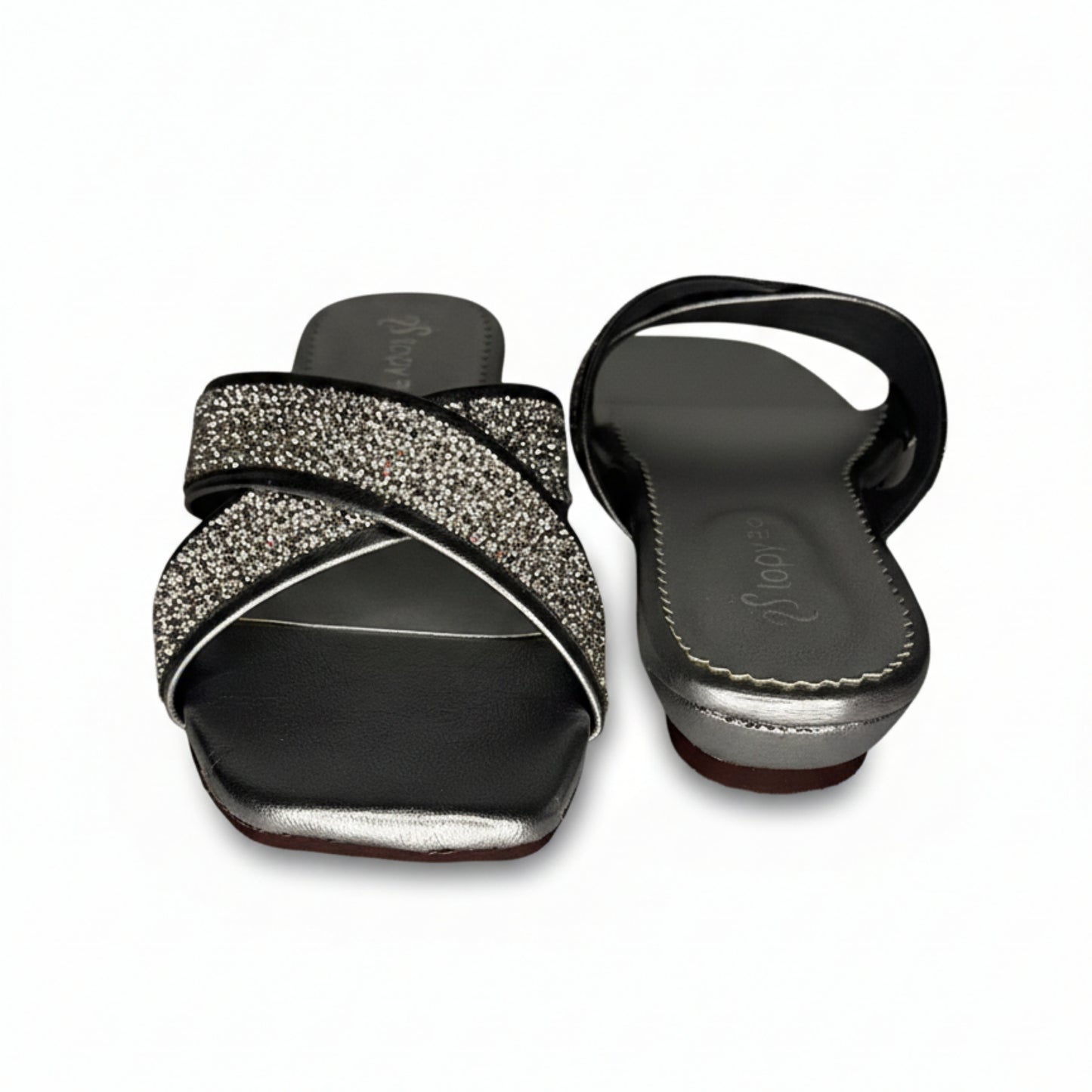 Women’s Silver Glitter Flat Slide Sandals