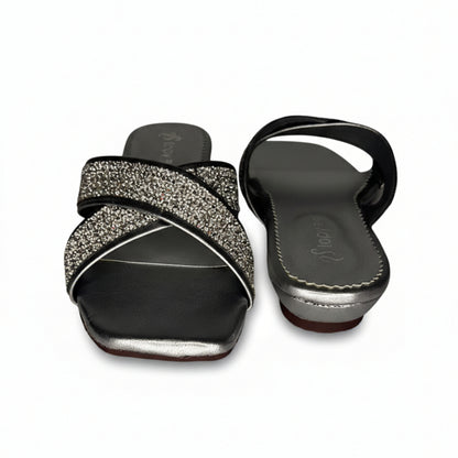 Women’s Silver Glitter Flat Slide Sandals