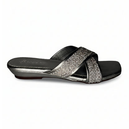 Women’s Silver Glitter Flat Slide Sandals