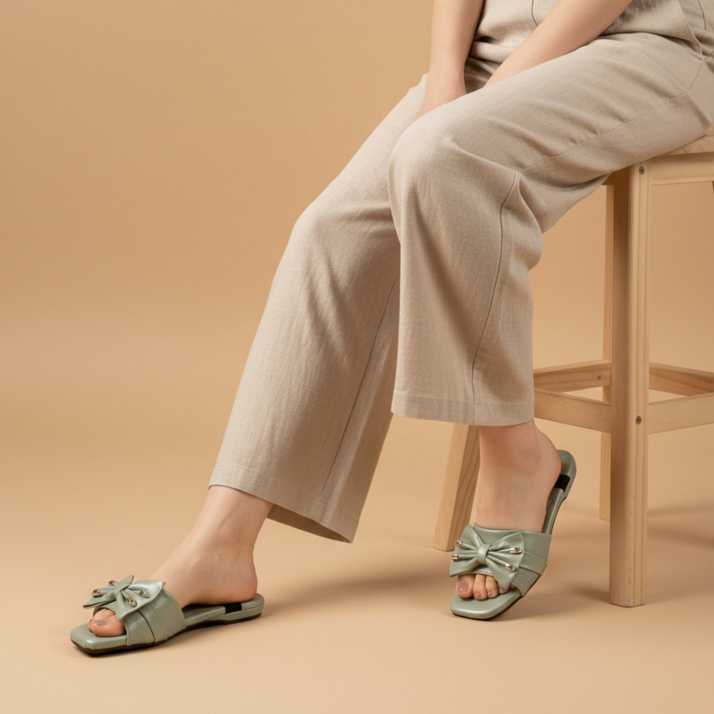 Women’s Sage Green Bow Detail Flat Slide Sandals