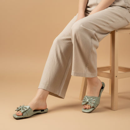 Women’s Sage Green Bow Detail Flat Slide Sandals