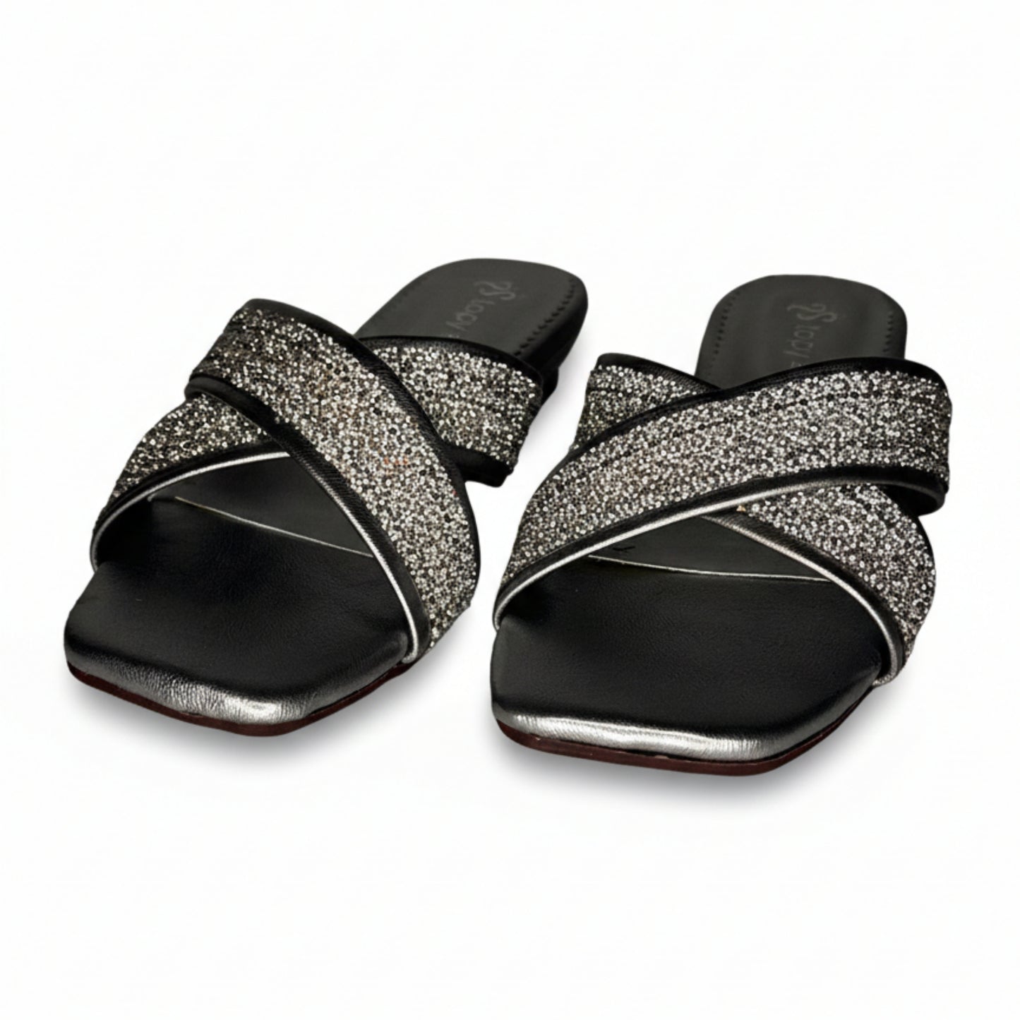 Women’s Silver Glitter Flat Slide Sandals