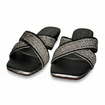 Women’s Silver Glitter Flat Slide Sandals