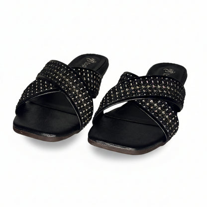 Women’s Black Studded Flat Slide Sandals