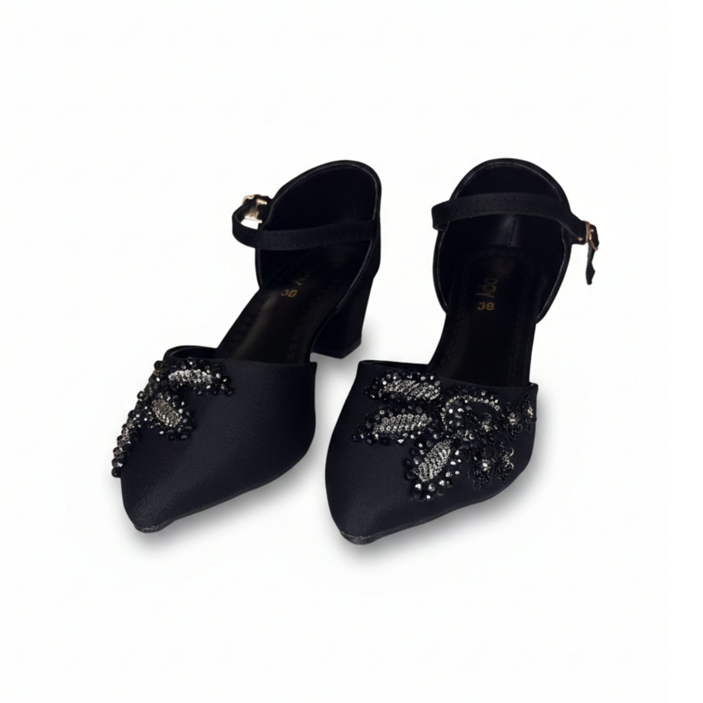 Women’s Black Embellished Ankle Strap Low Heels