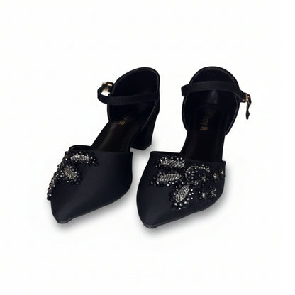 Women’s Black Embellished Ankle Strap Low Heels
