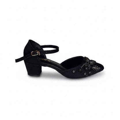Women’s Black Embellished Ankle Strap Low Heels