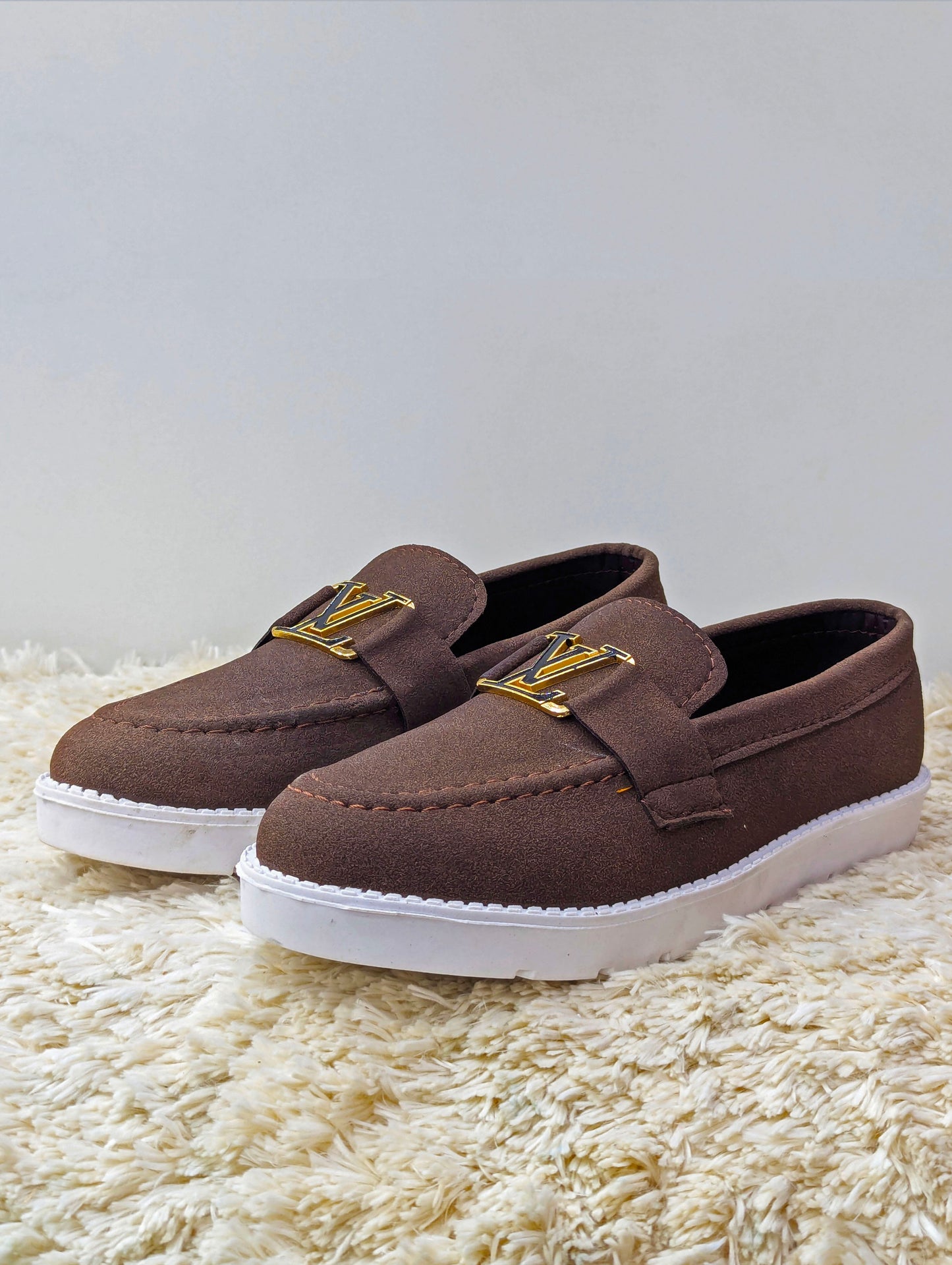 Suede Men’s Loafers – LV Buckle & White Rubber Sole