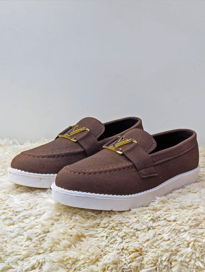 Suede Men’s Loafers – LV Buckle & White Rubber Sole
