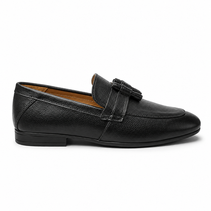 Noir Elegance Black Leather Tassel Loafers for Men