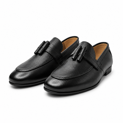 Noir Elegance Black Leather Tassel Loafers for Men