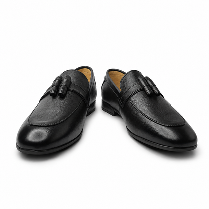 Noir Elegance Black Leather Tassel Loafers for Men