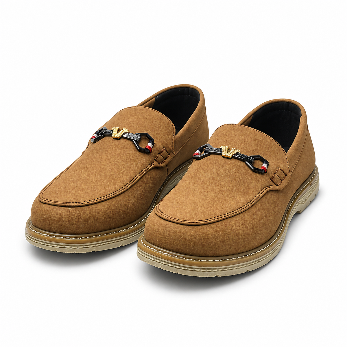 Cognac Royale Brown Suede Loafers with Statement Metal Hardware