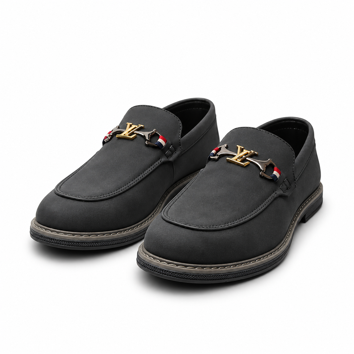Obsidian Luxe Charcoal Loafers with Gold Signature Hardware
