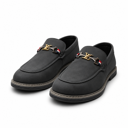 Obsidian Luxe Charcoal Loafers with Gold Signature Hardware