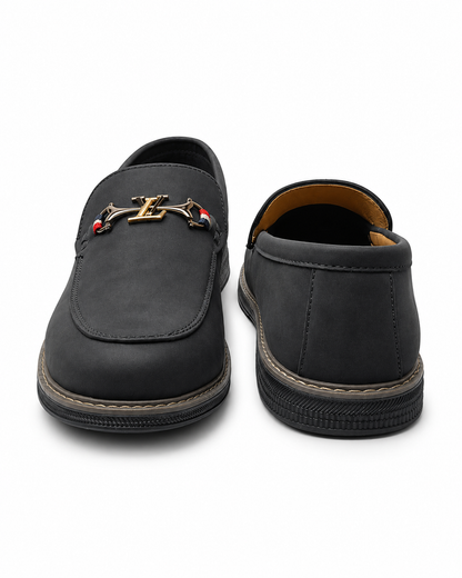 Obsidian Luxe Charcoal Loafers with Gold Signature Hardware