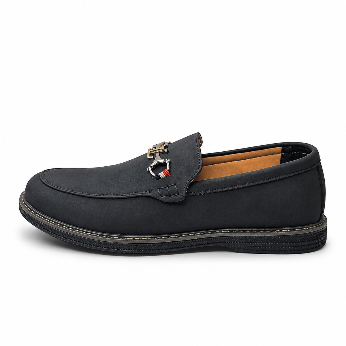 Obsidian Luxe Charcoal Loafers with Gold Signature Hardware