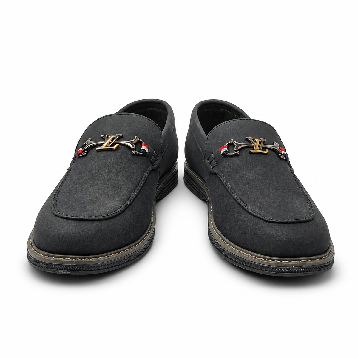 Obsidian Luxe Charcoal Loafers with Gold Signature Hardware