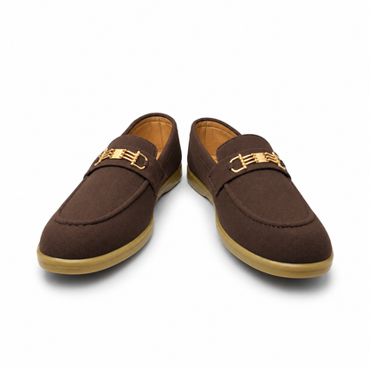 Cocoa Royale Brown Suede Loafers with Gold Horsebit Detail