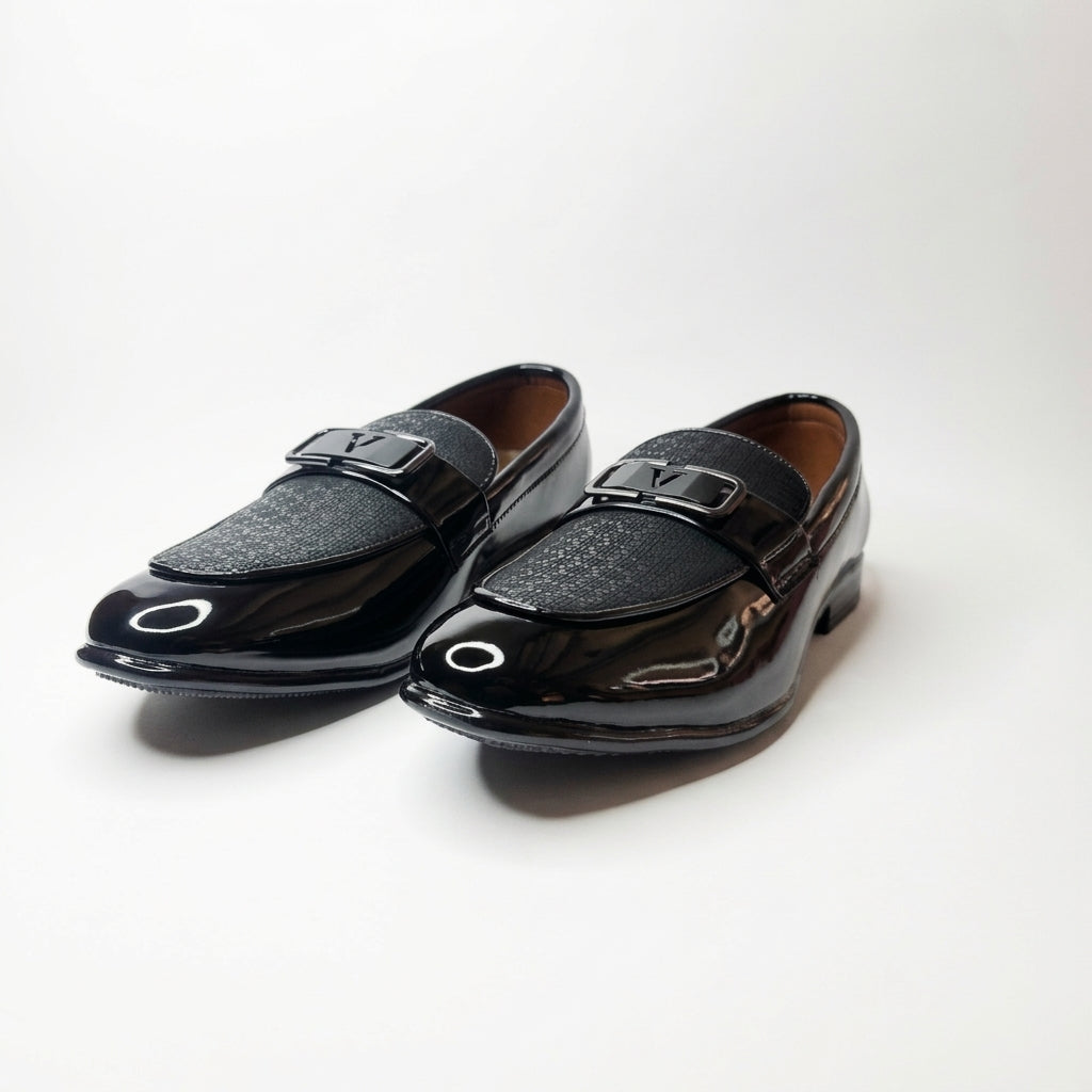 Midnight Prestige Black Patent Loafers with Textured Vamp & Metal Buckle