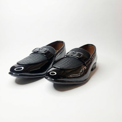 Midnight Prestige Black Patent Loafers with Textured Vamp & Metal Buckle