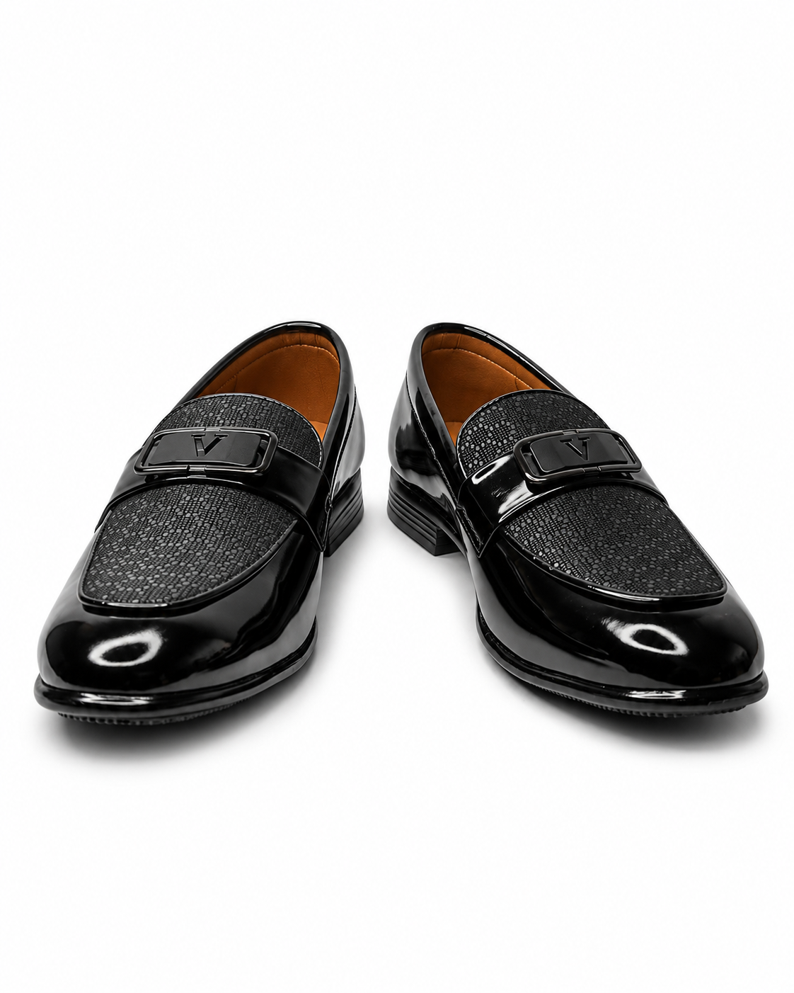 Midnight Prestige Black Patent Loafers with Textured Vamp & Metal Buckle