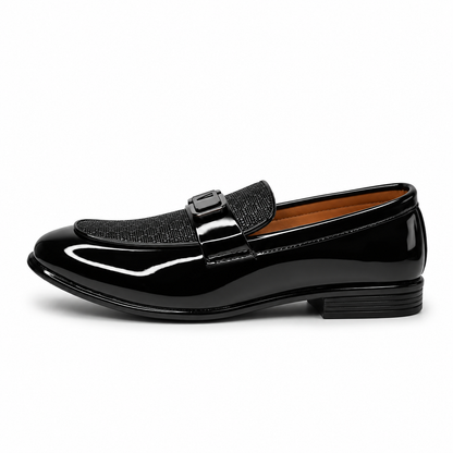 Midnight Prestige Black Patent Loafers with Textured Vamp & Metal Buckle