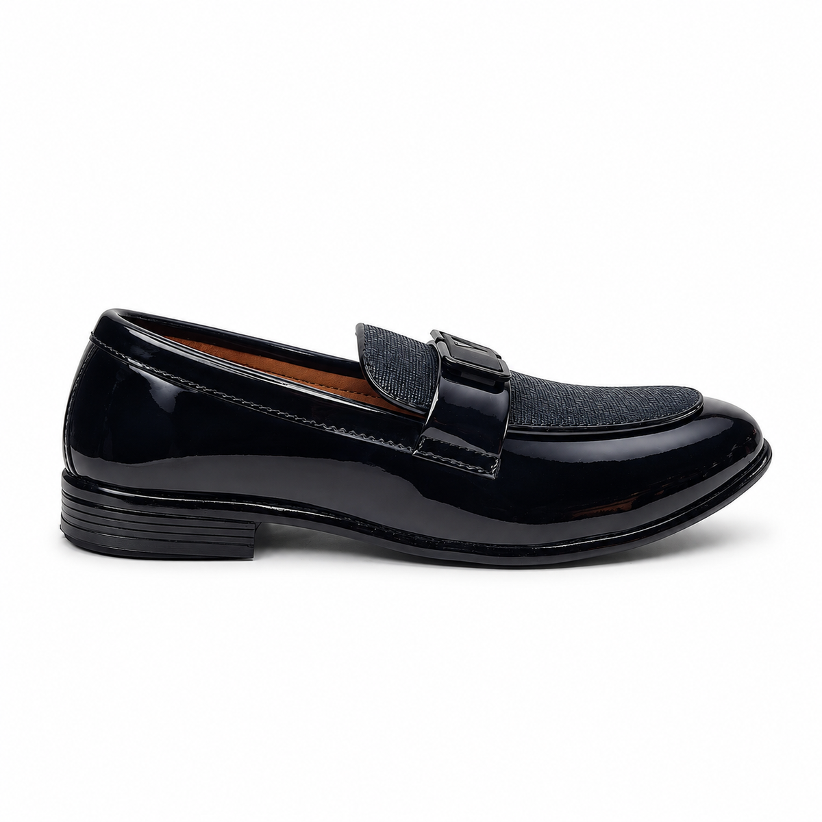 Midnight Prestige Black Patent Loafers with Textured Vamp & Metal Buckle