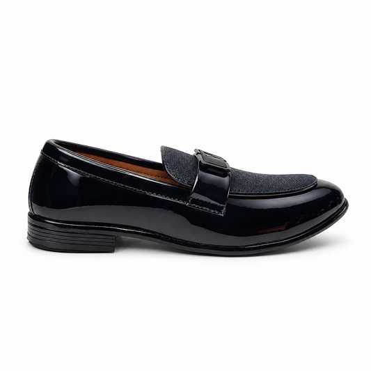 Midnight Prestige Black Patent Loafers with Textured Vamp & Metal Buckle