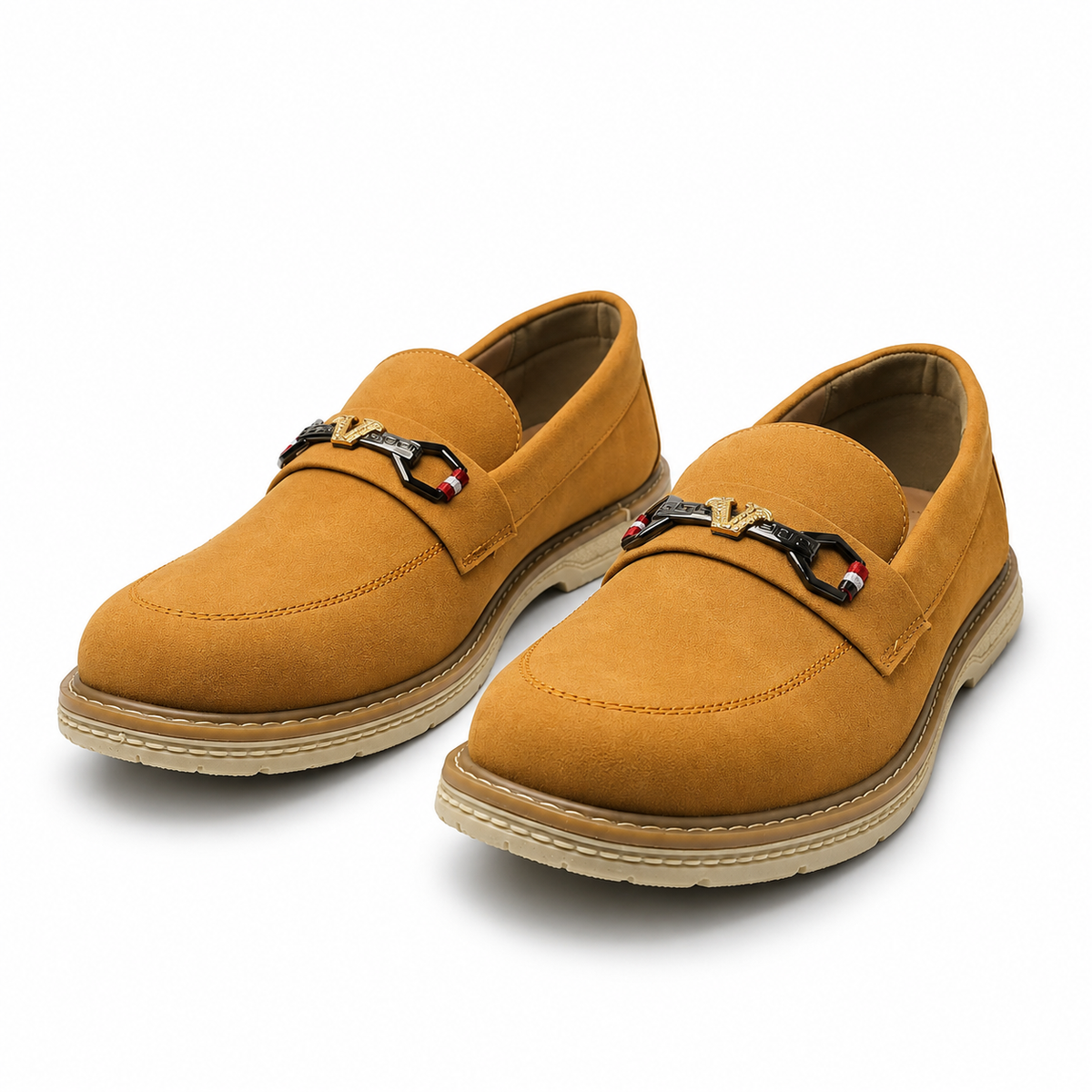 Cognac Royale Brown Suede Loafers with Statement Metal Hardware