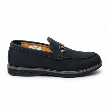 Obsidian Luxe Charcoal Loafers with Gold Signature Hardware