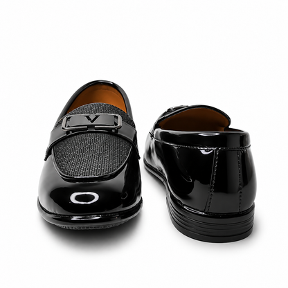 Midnight Prestige Black Patent Loafers with Textured Vamp & Metal Buckle