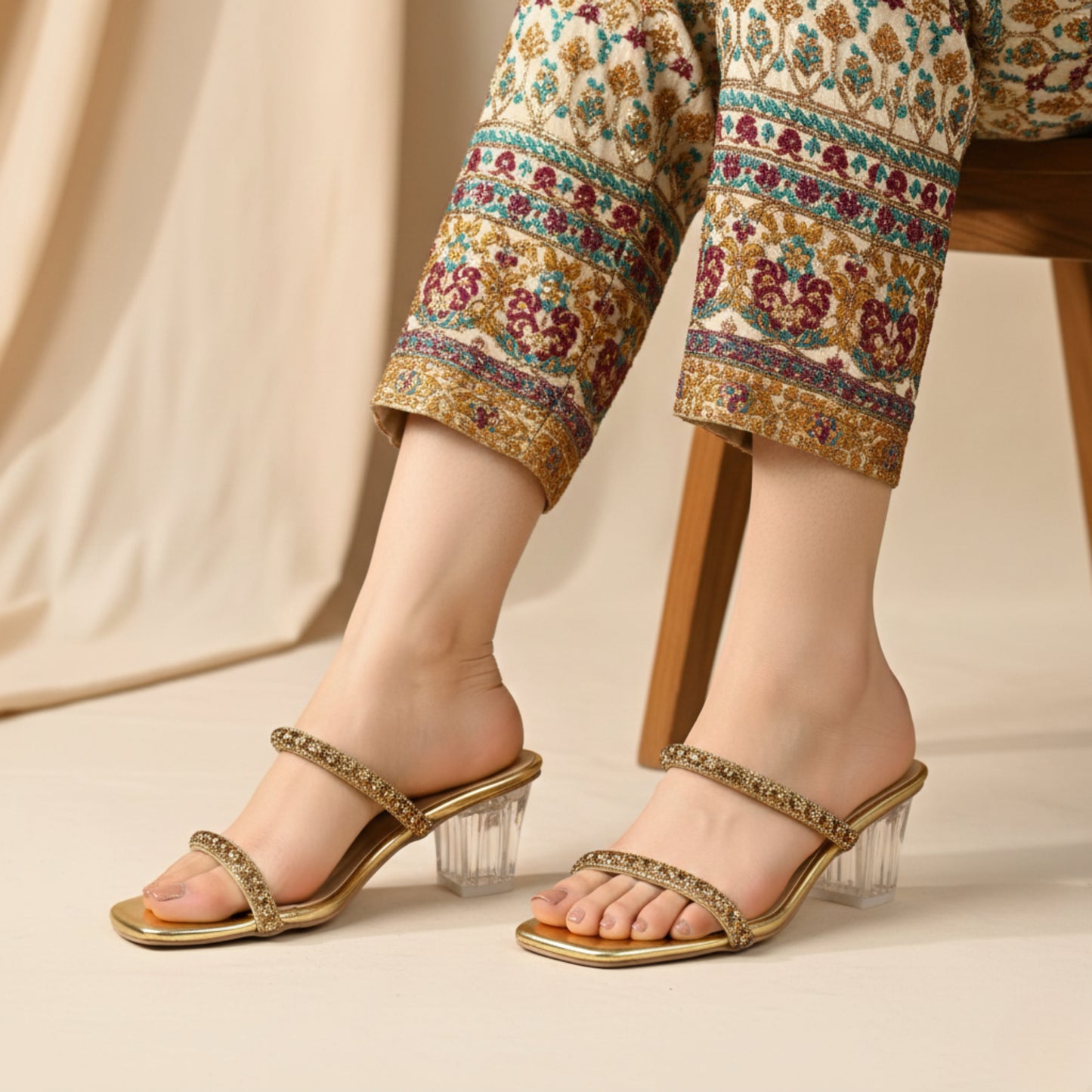 Women’s Gold Crystal Strap Clear Block Heel Slide Sandals