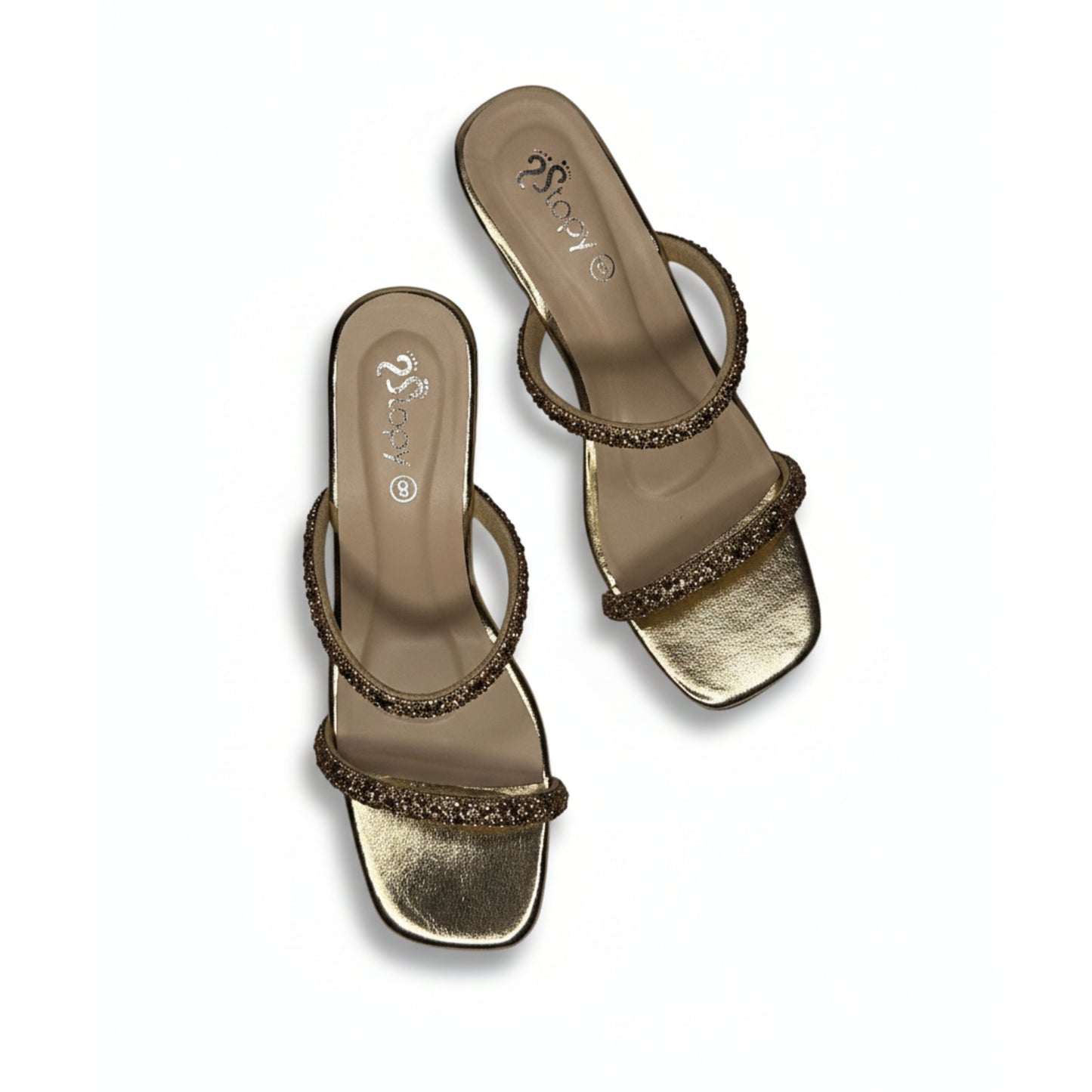 Women’s Gold Crystal Strap Clear Block Heel Slide Sandals