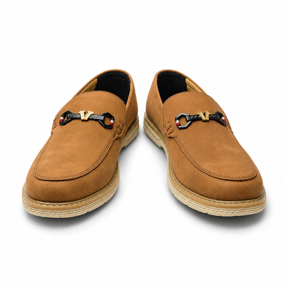 Cognac Royale Brown Suede Loafers with Statement Metal Hardware